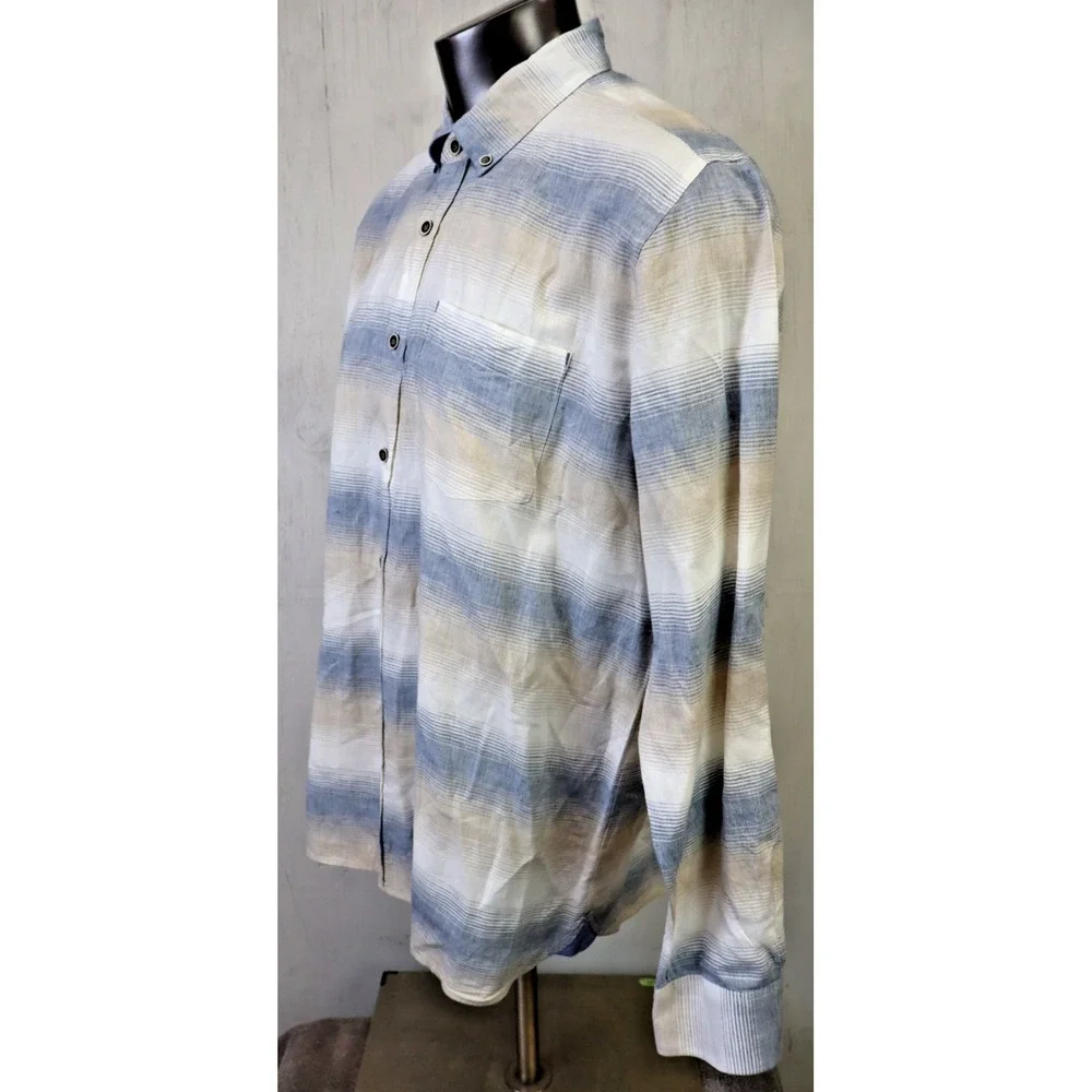32 Bar Blue Linen Blend Shirt Long Sleeve Button Front Size XL Blue White Brown